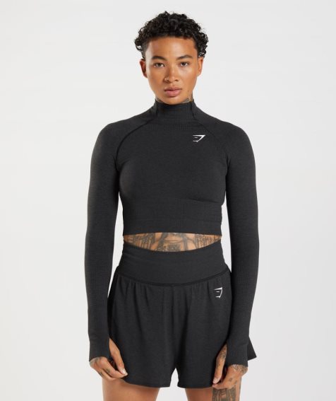 Women's Gymshark Vital Seamless 2.0 High Neck Midi Cropped Tops Black | CA A7ND63